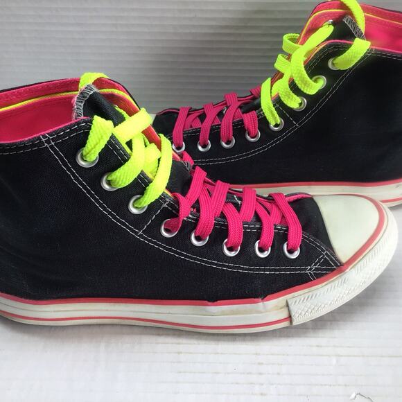 Converse Chuck Taylor 2-Fold Hi Top Black w/ Neon Pink & Green Women 10 / Men 8 - Picture 2 of 8